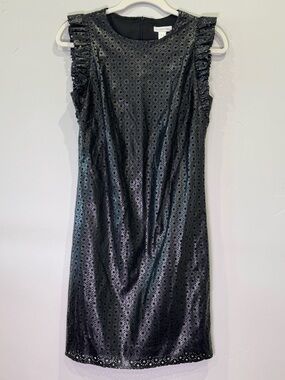 NWOT London Times Black Eyelet Shift Dress with Ruffle Sleeves vegan leather